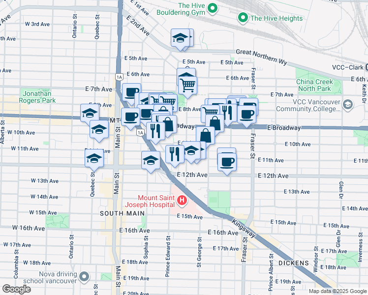 map of restaurants, bars, coffee shops, grocery stores, and more near 2625 Guelph Street in Vancouver