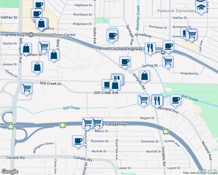 map of restaurants, bars, coffee shops, grocery stores, and more near 5027 Still Creek Avenue in Burnaby