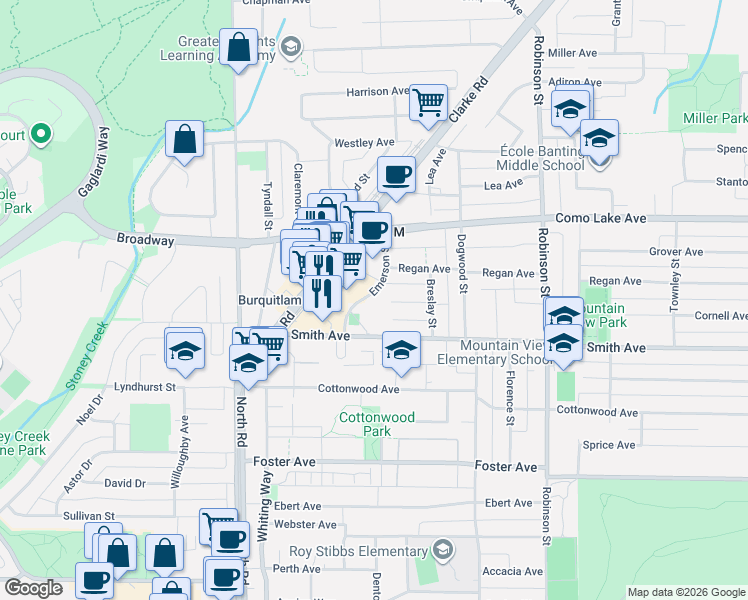 map of restaurants, bars, coffee shops, grocery stores, and more near 567 Emerson Street in Coquitlam