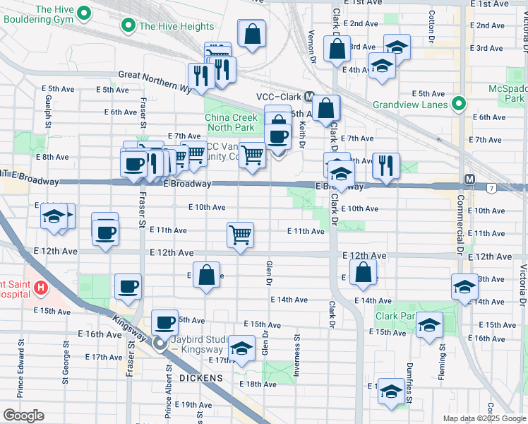 map of restaurants, bars, coffee shops, grocery stores, and more near 1082 East 10th Avenue in Vancouver