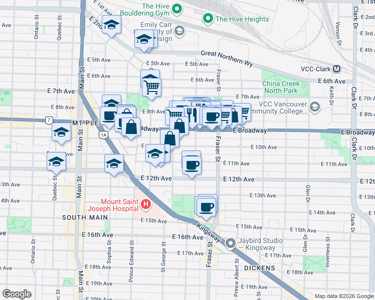 map of restaurants, bars, coffee shops, grocery stores, and more near 554 East 10th Avenue in Vancouver