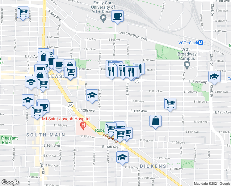 map of restaurants, bars, coffee shops, grocery stores, and more near 608 East 10th Avenue in Vancouver