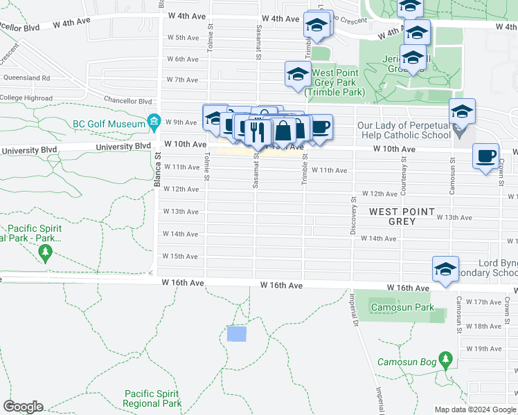 map of restaurants, bars, coffee shops, grocery stores, and more near 4499 West 13th Avenue in Vancouver