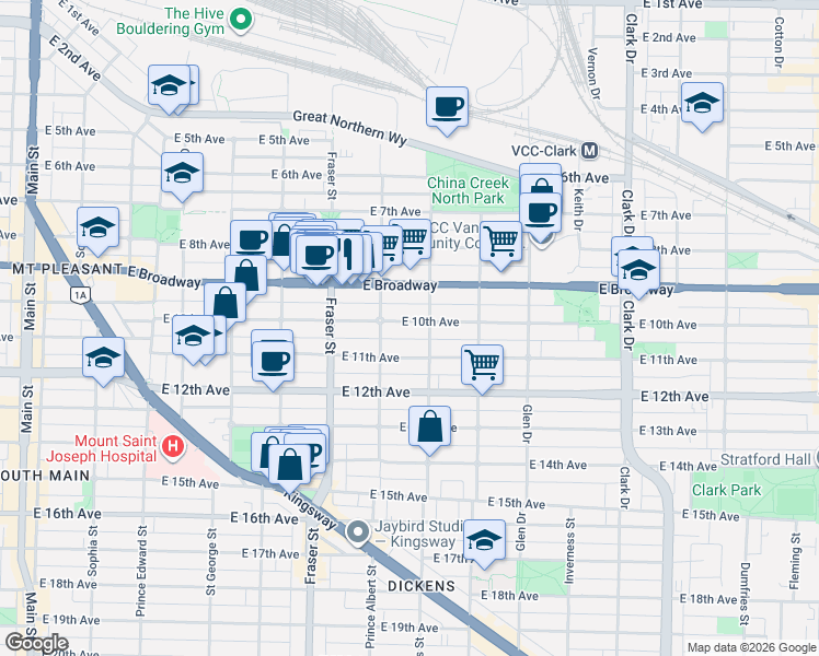 map of restaurants, bars, coffee shops, grocery stores, and more near 850 East 10th Avenue in Vancouver