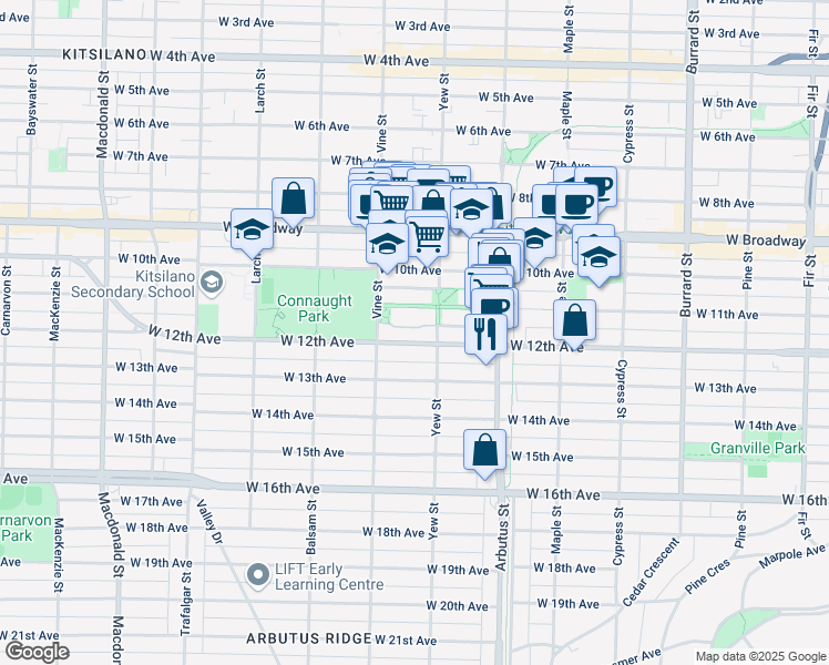 map of restaurants, bars, coffee shops, grocery stores, and more near 2256 Redbud Lane in Vancouver