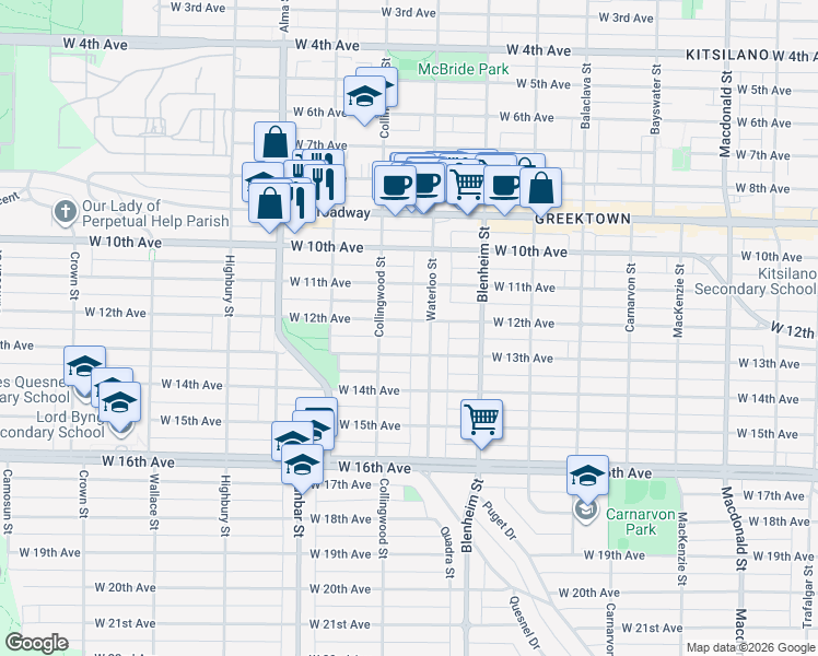 map of restaurants, bars, coffee shops, grocery stores, and more near 3426 West 12th Avenue in Vancouver