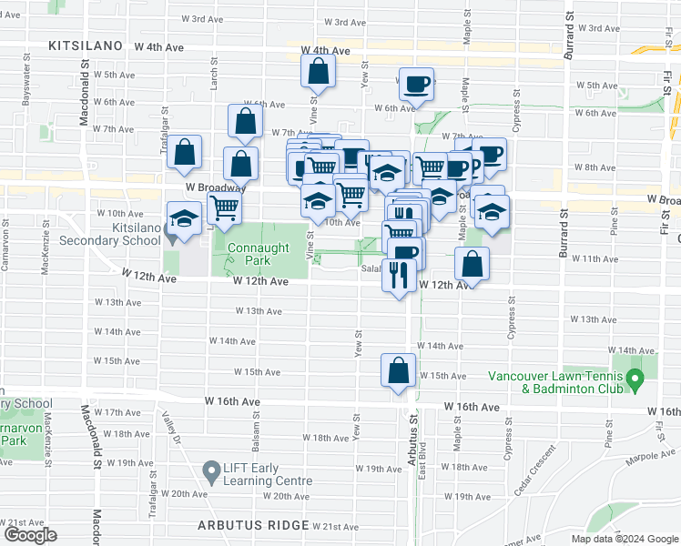 map of restaurants, bars, coffee shops, grocery stores, and more near 2256 Redbud Lane in Vancouver