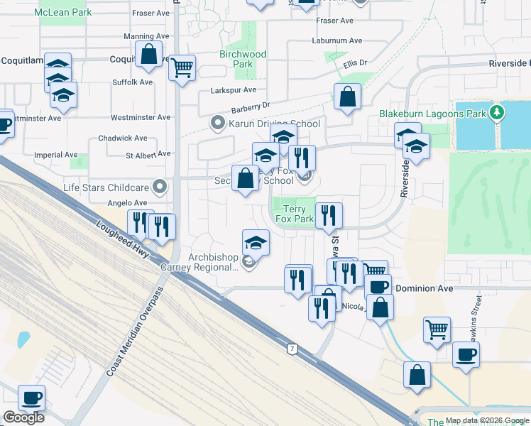 map of restaurants, bars, coffee shops, grocery stores, and more near 1288 Riverside Drive in Port Coquitlam