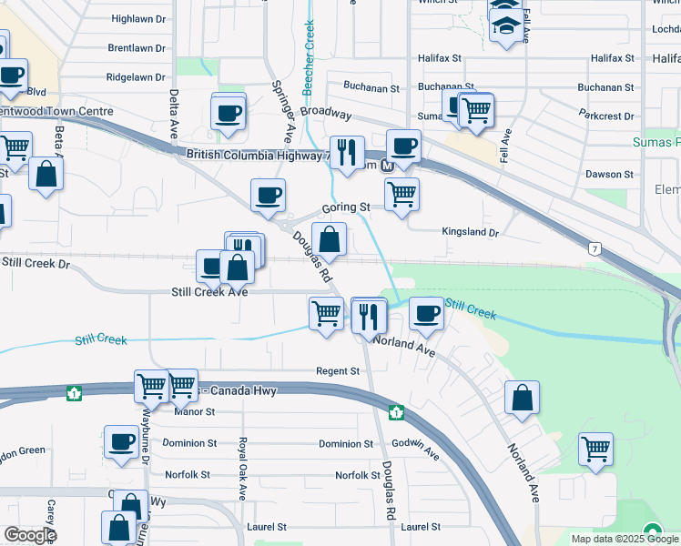 map of restaurants, bars, coffee shops, grocery stores, and more near 2544 Douglas Road in Burnaby