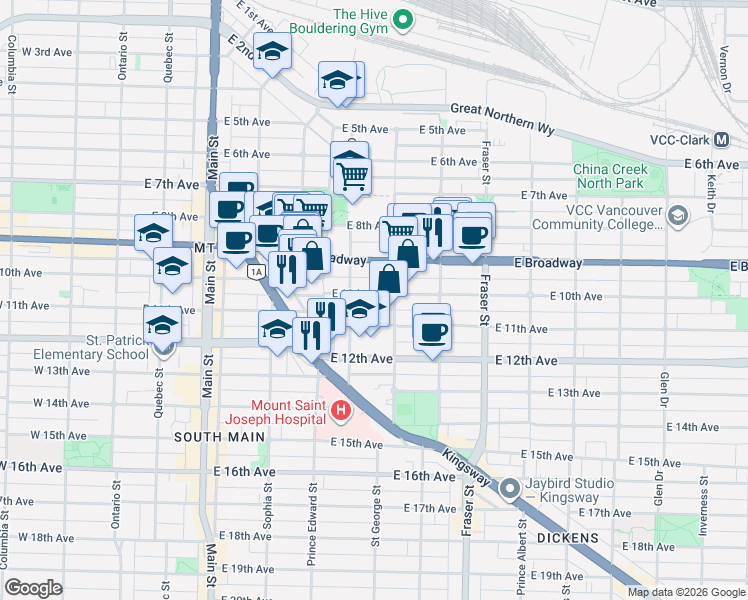 map of restaurants, bars, coffee shops, grocery stores, and more near 458 East 10th Avenue in Vancouver