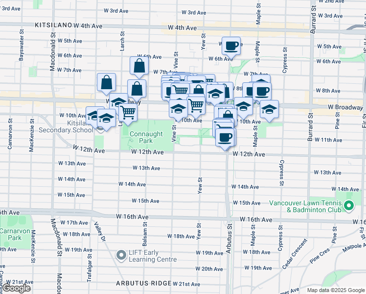 map of restaurants, bars, coffee shops, grocery stores, and more near 2280 Redbud Lane in Vancouver