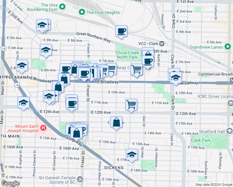 map of restaurants, bars, coffee shops, grocery stores, and more near 2608 Saint Catherines Street in Vancouver