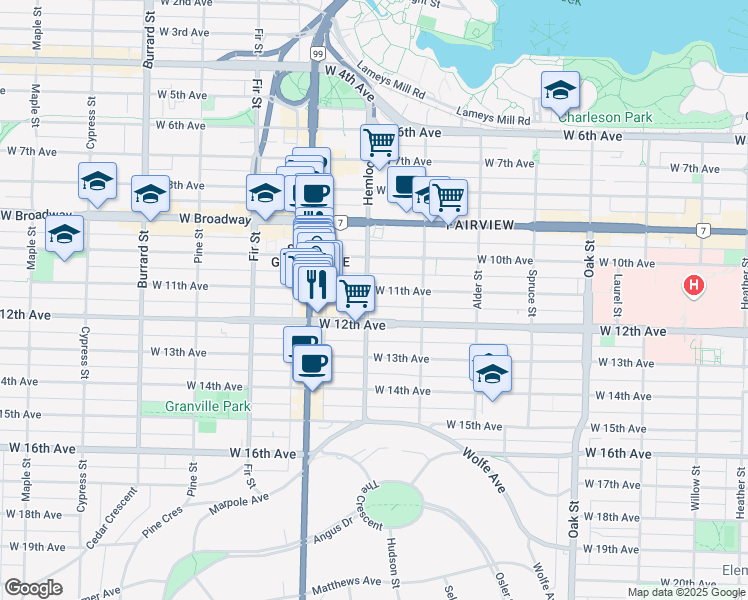 map of restaurants, bars, coffee shops, grocery stores, and more near 1396 West 11th Avenue in Vancouver