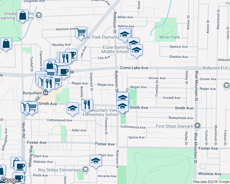 map of restaurants, bars, coffee shops, grocery stores, and more near in Coquitlam