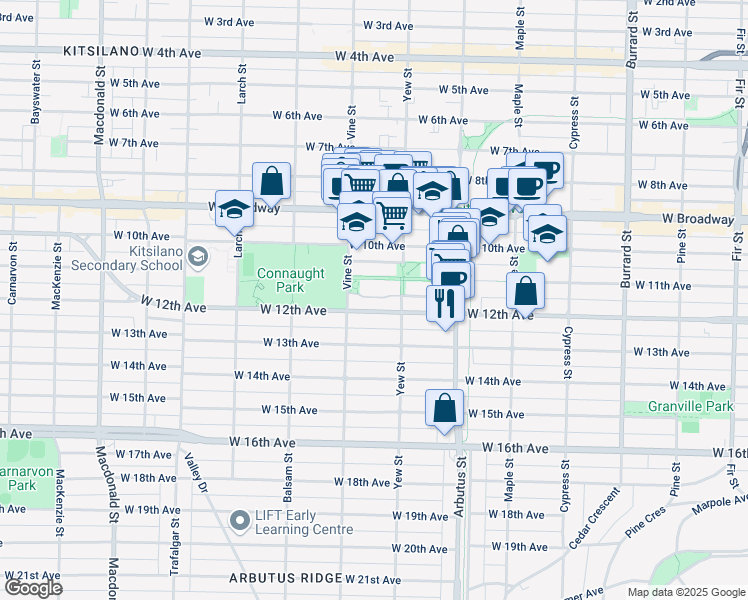 map of restaurants, bars, coffee shops, grocery stores, and more near in Vancouver