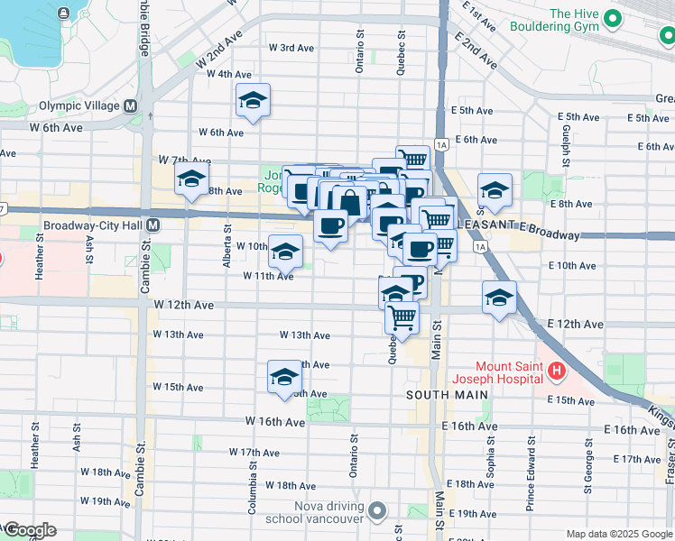 map of restaurants, bars, coffee shops, grocery stores, and more near 31 West 11th Avenue in Vancouver