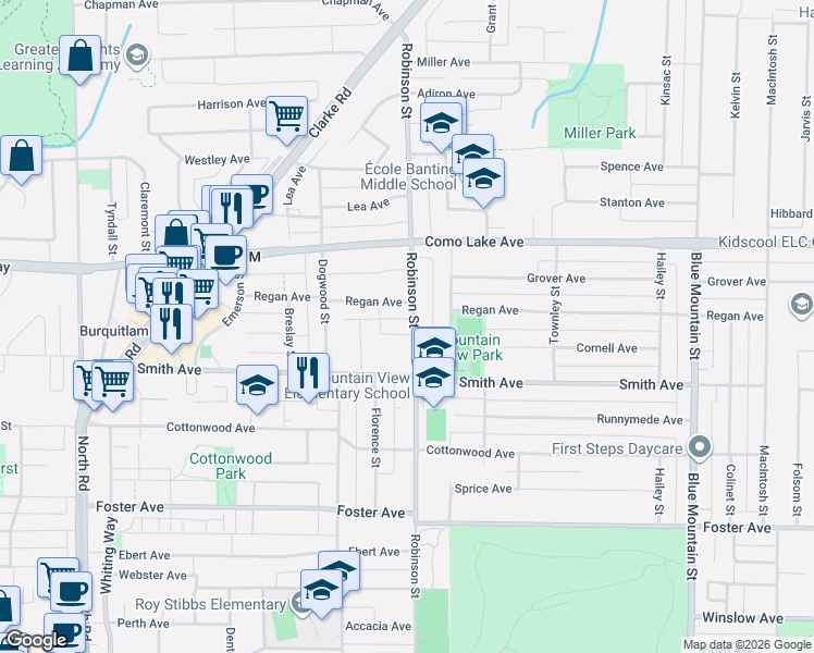map of restaurants, bars, coffee shops, grocery stores, and more near 720 Robinson Street in Coquitlam