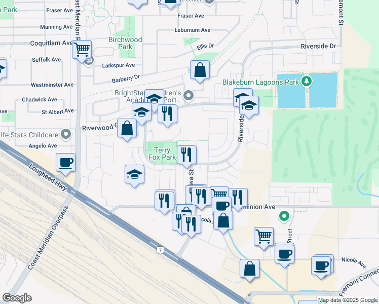 map of restaurants, bars, coffee shops, grocery stores, and more near 1255 Riverside Drive in Port Coquitlam