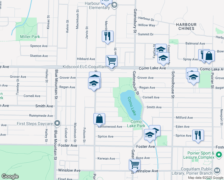 map of restaurants, bars, coffee shops, grocery stores, and more near 1118 Regan Avenue in Coquitlam