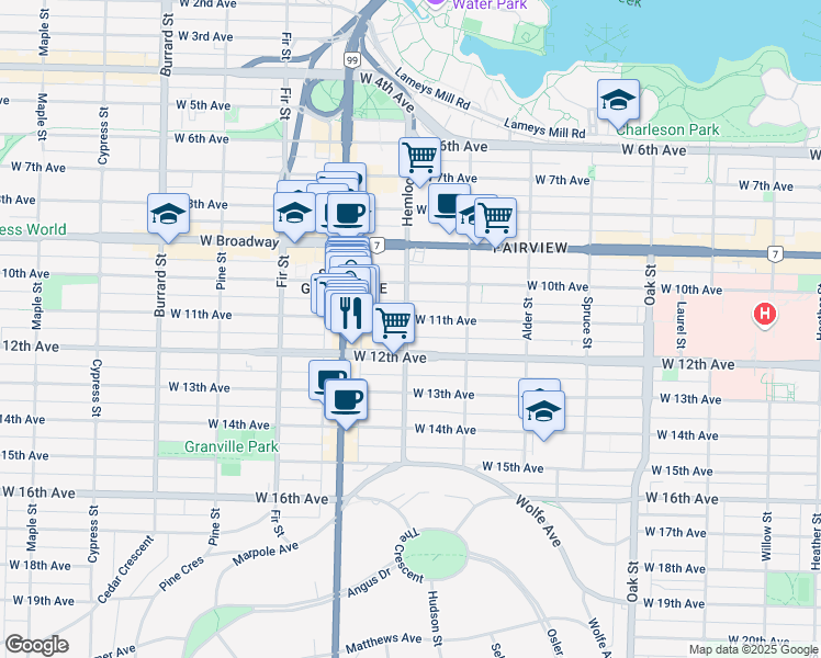 map of restaurants, bars, coffee shops, grocery stores, and more near 1396 West 11th Avenue in Vancouver