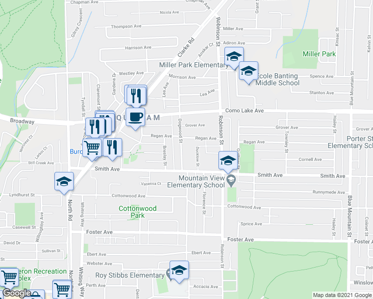 map of restaurants, bars, coffee shops, grocery stores, and more near 721 Dogwood Street in Coquitlam