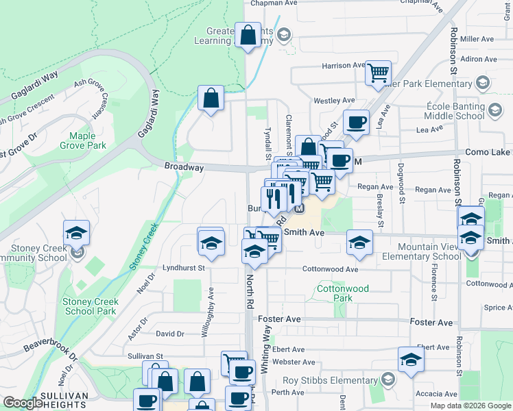 map of restaurants, bars, coffee shops, grocery stores, and more near 717 North Road in Coquitlam