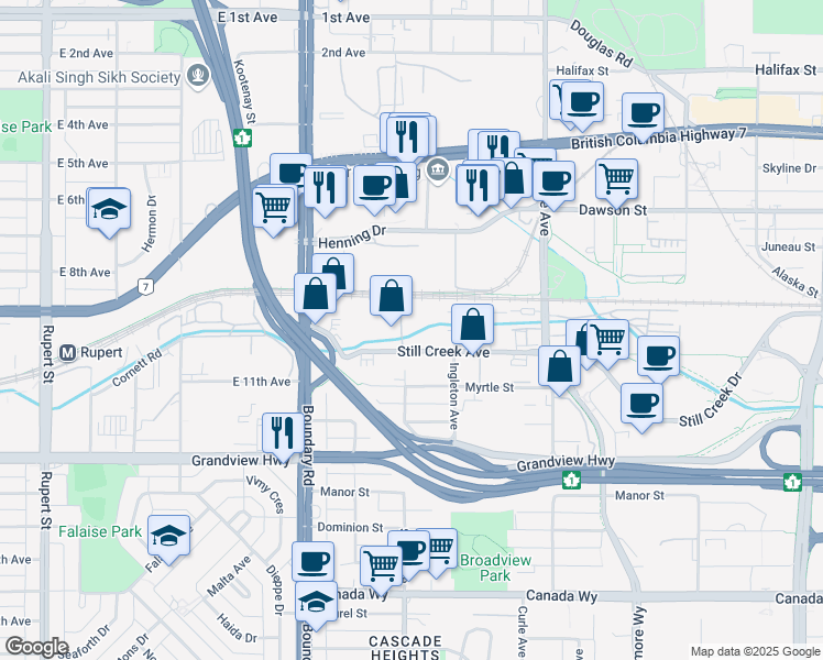 map of restaurants, bars, coffee shops, grocery stores, and more near 3809 Still Creek Avenue in Burnaby