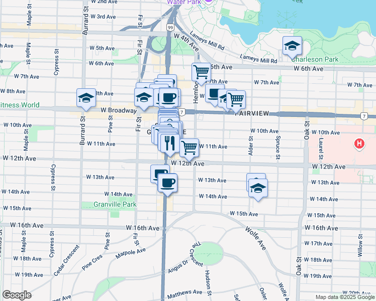 map of restaurants, bars, coffee shops, grocery stores, and more near 1420 West 11th Avenue in Vancouver