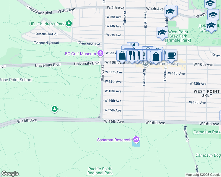 map of restaurants, bars, coffee shops, grocery stores, and more near 4663 West 13th Avenue in Vancouver