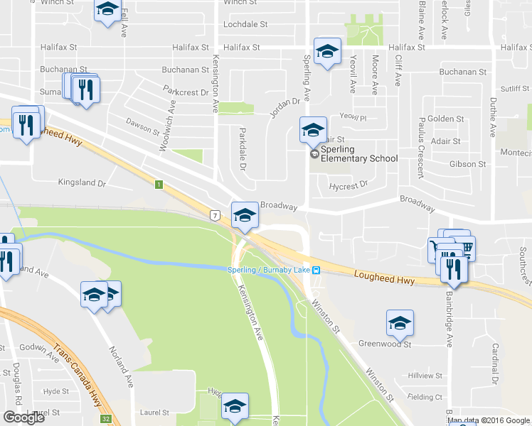 map of restaurants, bars, coffee shops, grocery stores, and more near 6614 Broadway in Burnaby