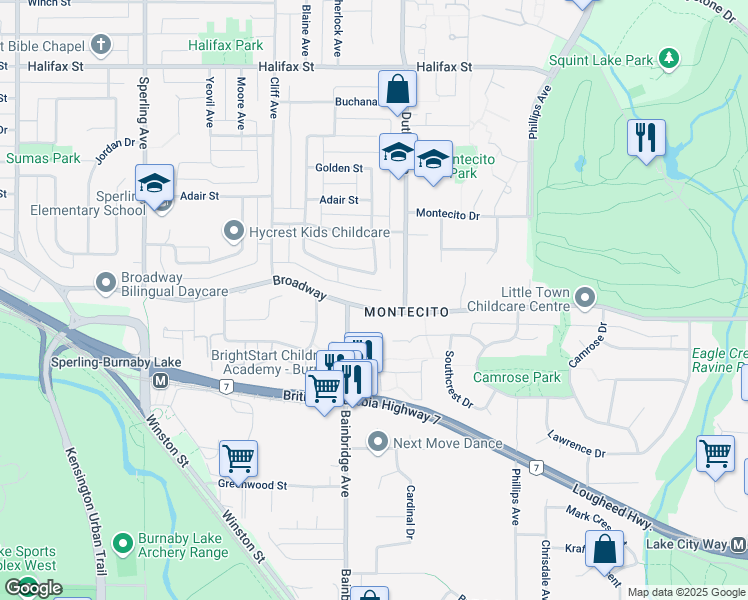 map of restaurants, bars, coffee shops, grocery stores, and more near 7149 Broadway in Burnaby