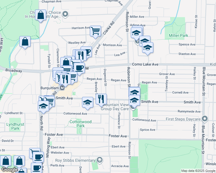 map of restaurants, bars, coffee shops, grocery stores, and more near 721 Dogwood Street in Coquitlam