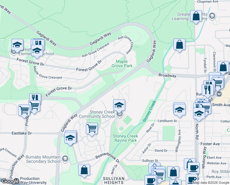 map of restaurants, bars, coffee shops, grocery stores, and more near 9125 Capella Drive in Burnaby