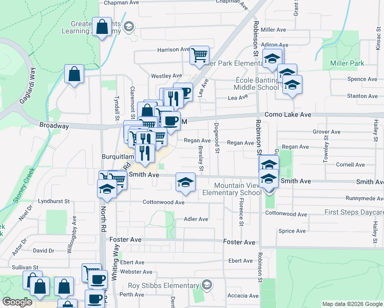 map of restaurants, bars, coffee shops, grocery stores, and more near 621 Langside Avenue in Coquitlam
