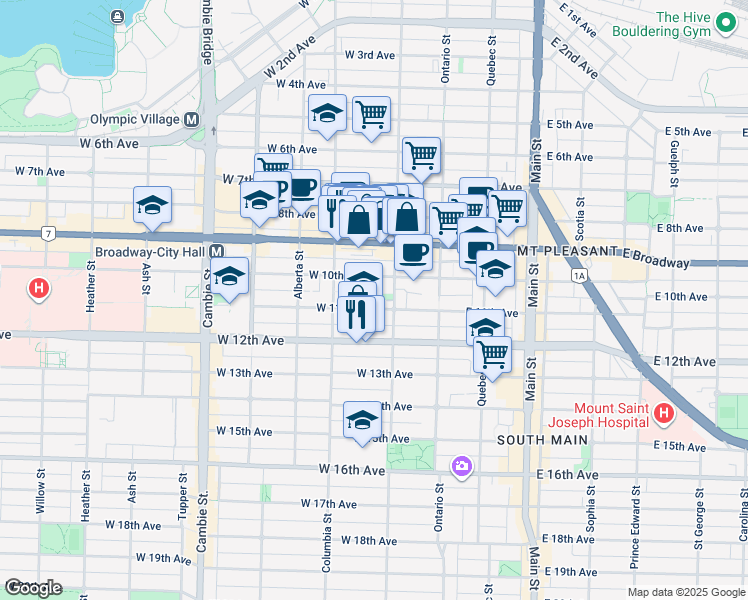 map of restaurants, bars, coffee shops, grocery stores, and more near 123 West 11th Avenue in Vancouver