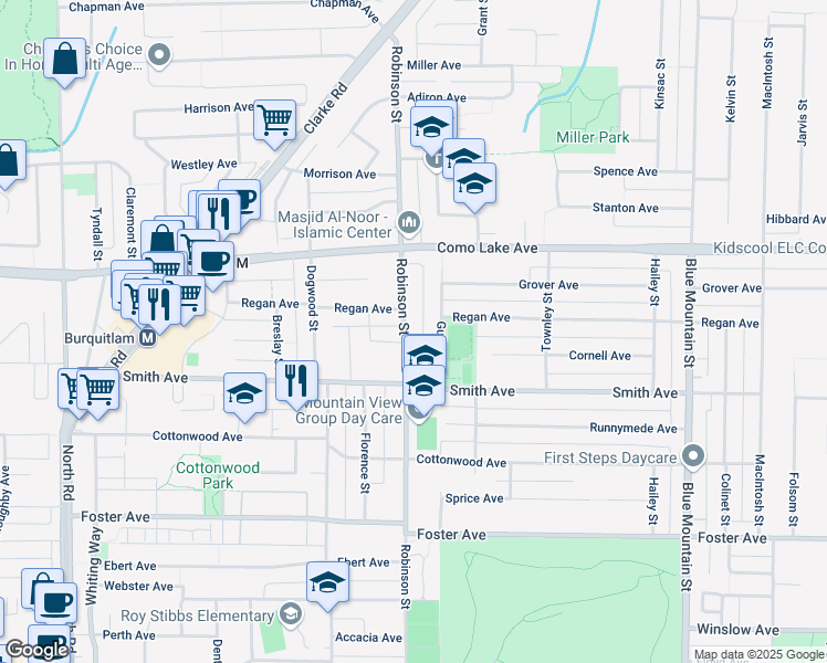 map of restaurants, bars, coffee shops, grocery stores, and more near 725 Robinson Street in Coquitlam