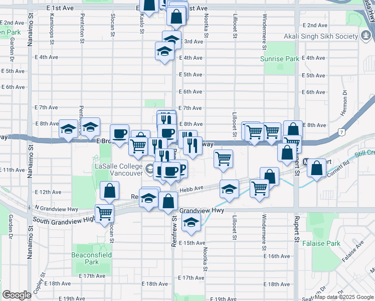 map of restaurants, bars, coffee shops, grocery stores, and more near 2925 Virtual Way in Vancouver