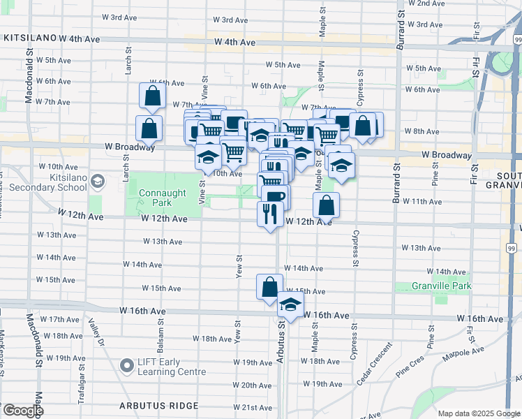 map of restaurants, bars, coffee shops, grocery stores, and more near 103 Salal Drive in Vancouver