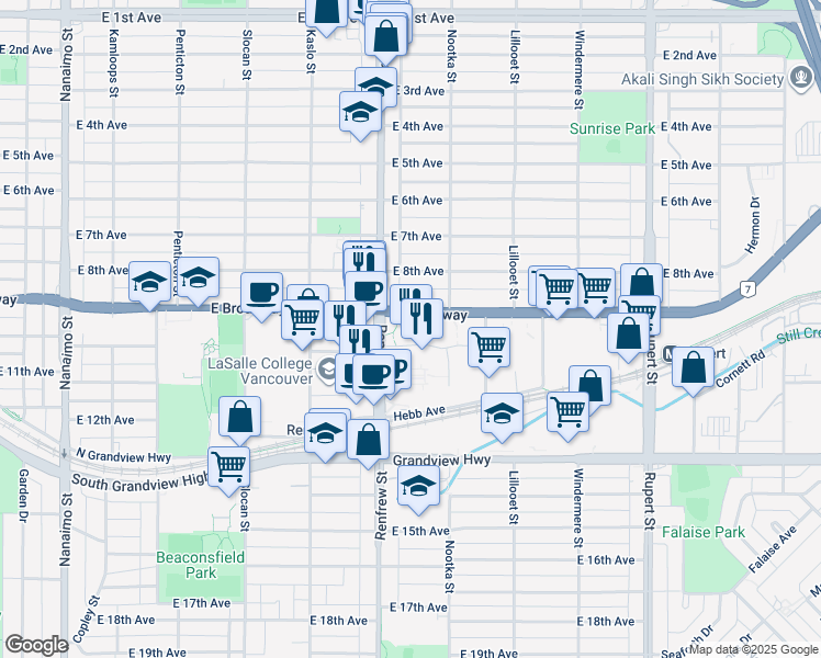 map of restaurants, bars, coffee shops, grocery stores, and more near 2925 Virtual Way in Vancouver