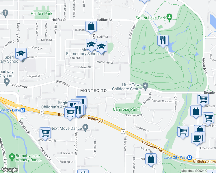 map of restaurants, bars, coffee shops, grocery stores, and more near 7279 Broadway in Burnaby