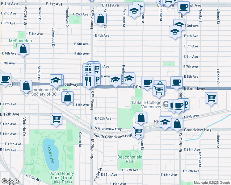 map of restaurants, bars, coffee shops, grocery stores, and more near 2533 Penticton Street in Vancouver