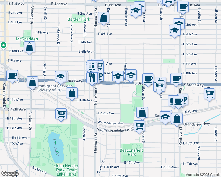 map of restaurants, bars, coffee shops, grocery stores, and more near in Vancouver