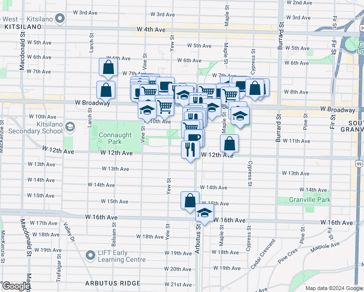 map of restaurants, bars, coffee shops, grocery stores, and more near 49 Salal Drive in Vancouver