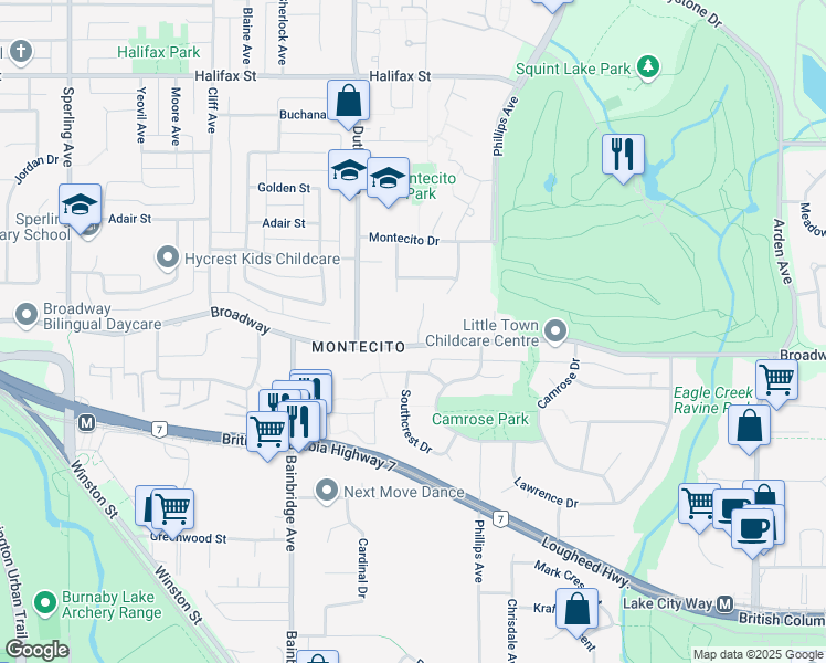 map of restaurants, bars, coffee shops, grocery stores, and more near 7279 Broadway in Burnaby