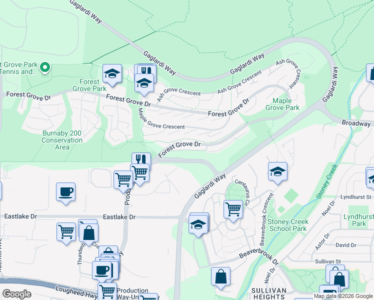 map of restaurants, bars, coffee shops, grocery stores, and more near Goldhurst Terrace in Burnaby