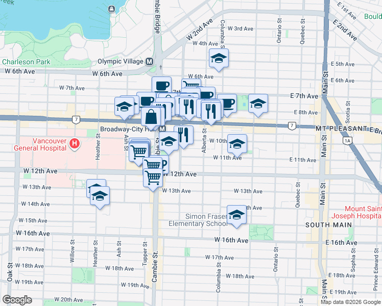 map of restaurants, bars, coffee shops, grocery stores, and more near 345 West 11th Avenue in Vancouver