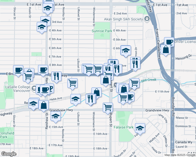 map of restaurants, bars, coffee shops, grocery stores, and more near 3200 British Columbia 7 in Vancouver