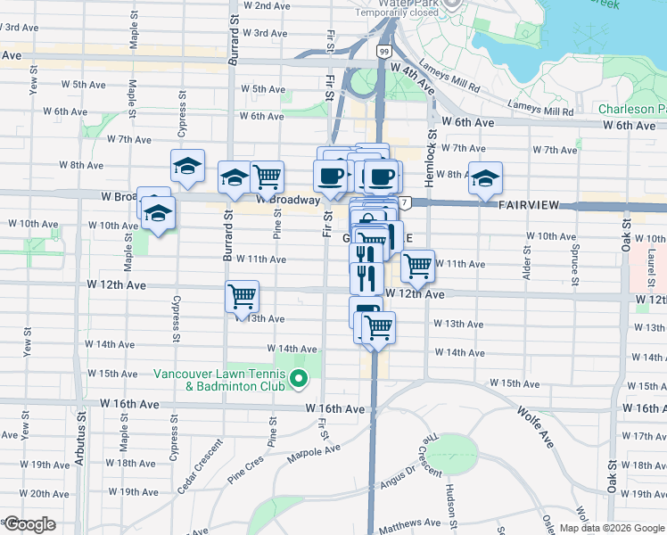 map of restaurants, bars, coffee shops, grocery stores, and more near 1586 West 11th Avenue in Vancouver