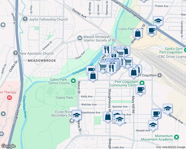 map of restaurants, bars, coffee shops, grocery stores, and more near 2628 Maple Street in Port Coquitlam