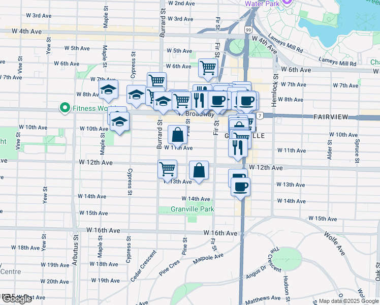 map of restaurants, bars, coffee shops, grocery stores, and more near in Vancouver